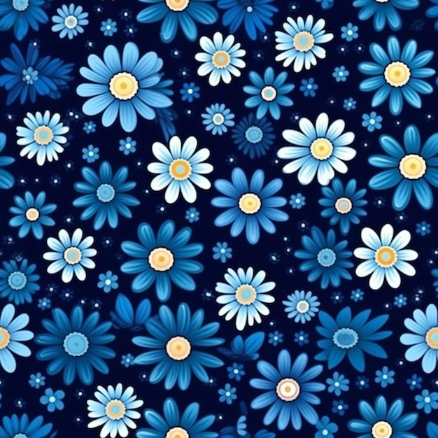 Een blauw en geel bloemenpatroon met witte en gele bloemen generatieve ai