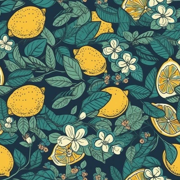 een blauw en geel citroenen en bladeren patroon met bloemen generatieve ai