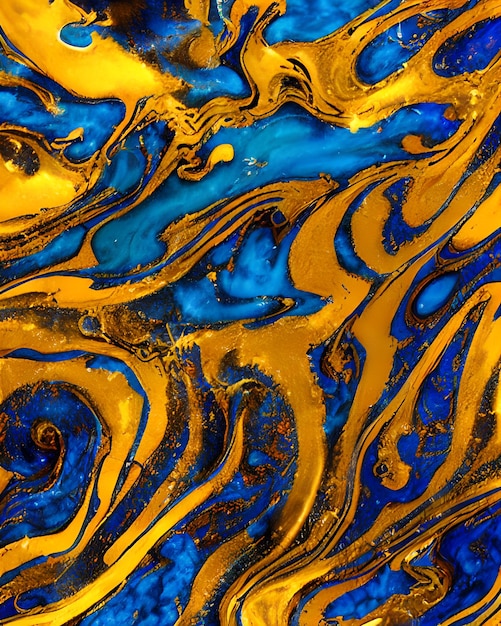 Een blauw en geel schilderij met een gouden swirl patroon.