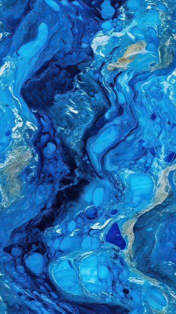 Een blauw en goud abstract schilderij met een blauwe achtergrond.