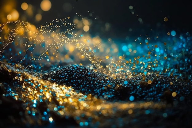 Een blauw en goud glitterstof is uitgespreid op een zwarte achtergrond.