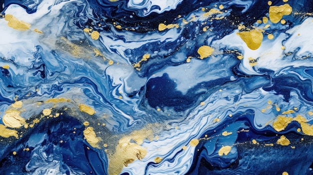 Een blauw en goud marmeren schilderij met goudverf erop.