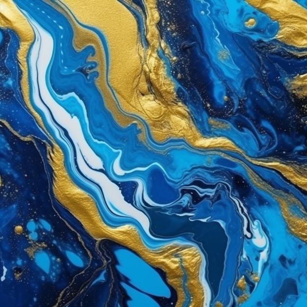 Een blauw en goud marmeren schilderij met goudverf