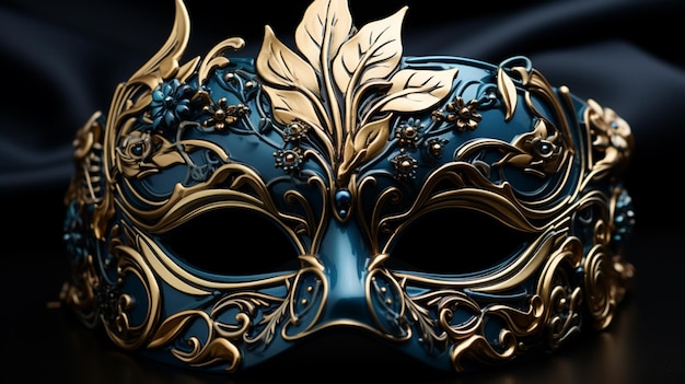 Een blauw en goud maskerade masker met gouden bladeren op zwarte achtergrond Generatieve ai
