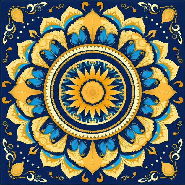 een blauw en goud ontwerp met een gele bloem bovenop