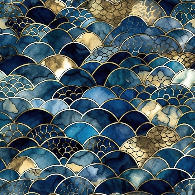 Een blauw en goud patroon met een golfdesign.