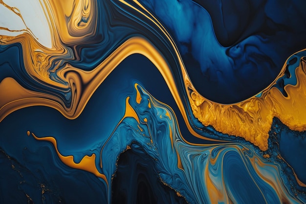 Een blauw en goud schilderij met goudverf.