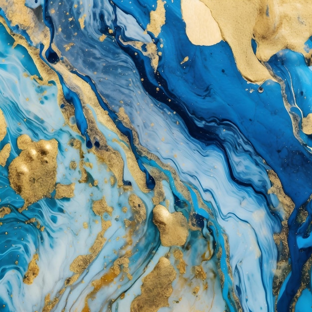 Een blauw en goud schilderij met goudverf.
