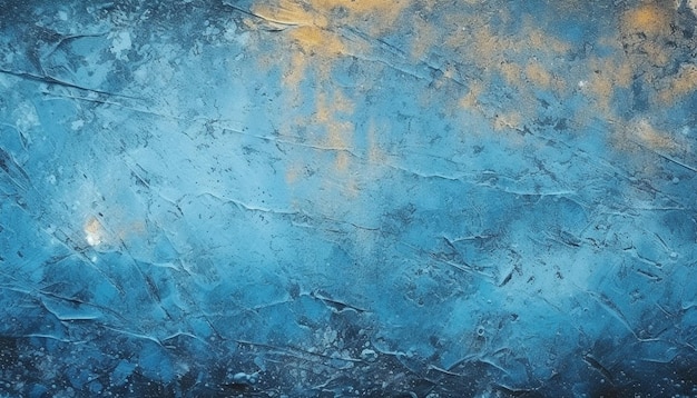 Een blauw en goud schilderij van een blauwe lucht met een wolkenpatroon.