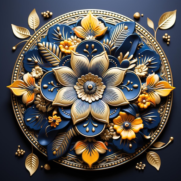 een blauw en gouden bord met bloemen en bladeren erop