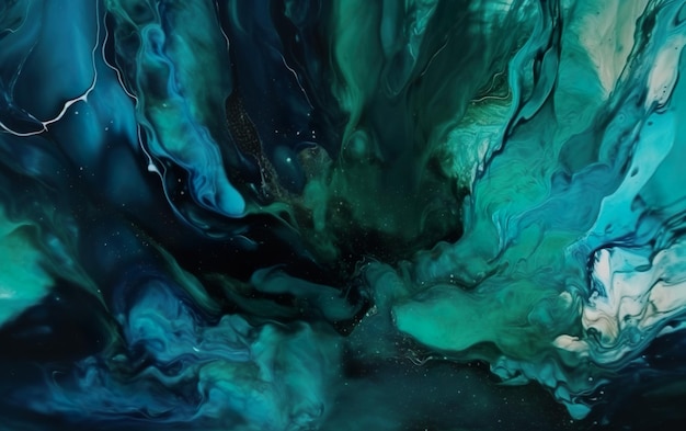 Een blauw en groen abstract schilderij met de woorden 'ocean' erop