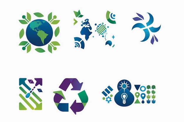 een blauw en groen logo met een wereldkaart en de aarde