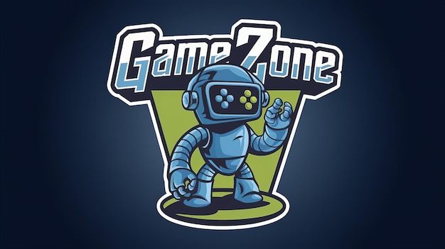 een blauw en groen ruimtezone logo met een robot op de achterkant