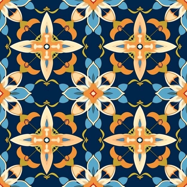 Een blauw en oranje abstract patroon met een bloemontwerp generatieve ai