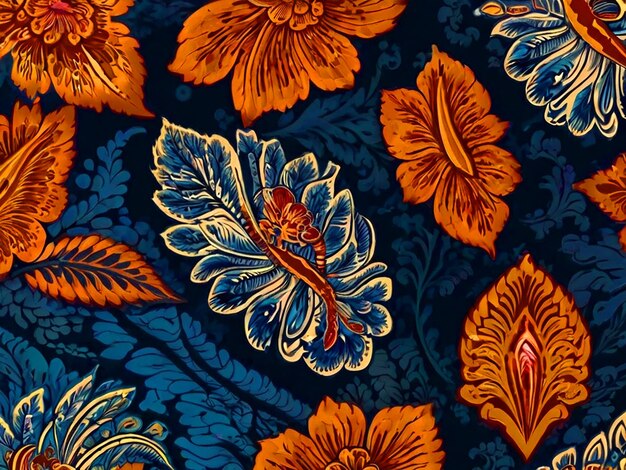 Foto een blauw en oranje bloemenpatroon op een blauwe achtergrond