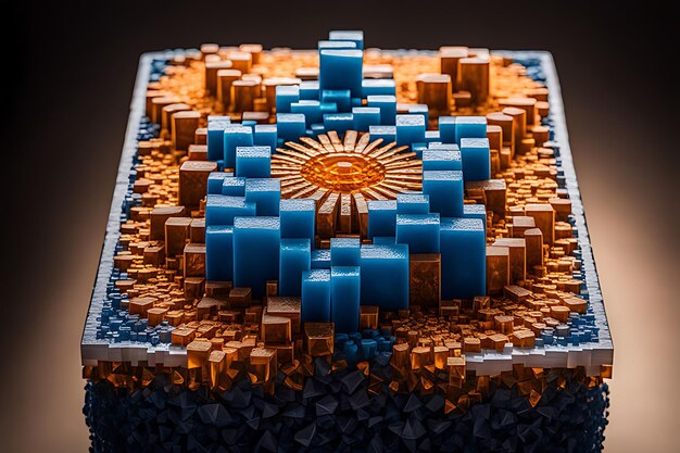 Foto een blauw en oranje stuk legos met een bloem op de top