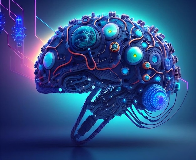 Foto een blauw en paars beeld van een menselijk brein met de woorden 'kunstmatige intelligentie' erop.