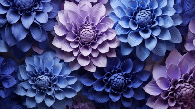 Een blauw en paars bloemen behang