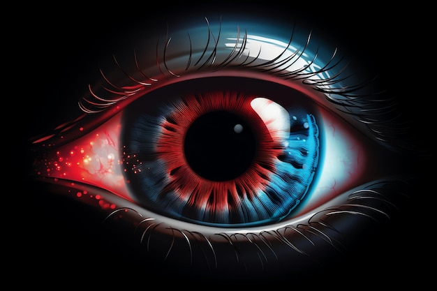 Een blauw en rood oog met een rood oog erop