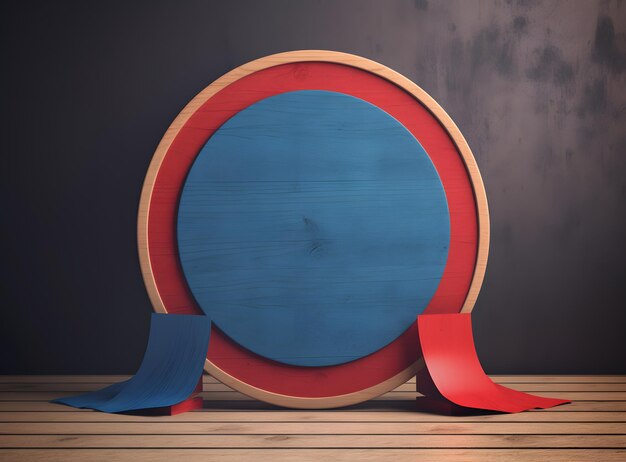 Een blauw en rood rond bord met het woord'het woord'erop.