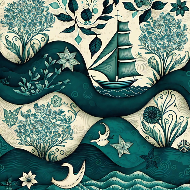 Een blauw en wit patroon als achtergrond met een boot en bloemen.