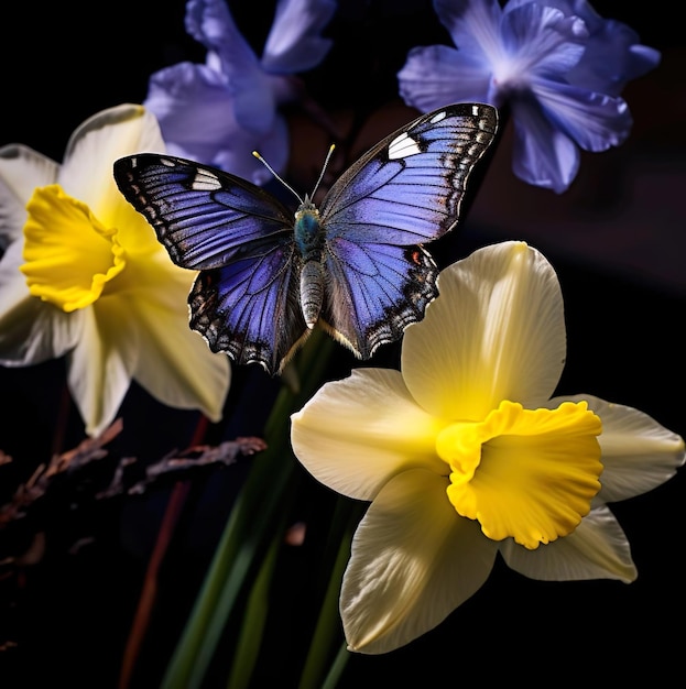 Een blauw-gele bloem met een vlinder erop