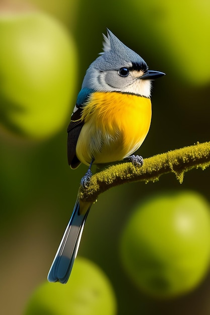 Een blauw-gele vogel zit op een tak met appels op de achtergrond.