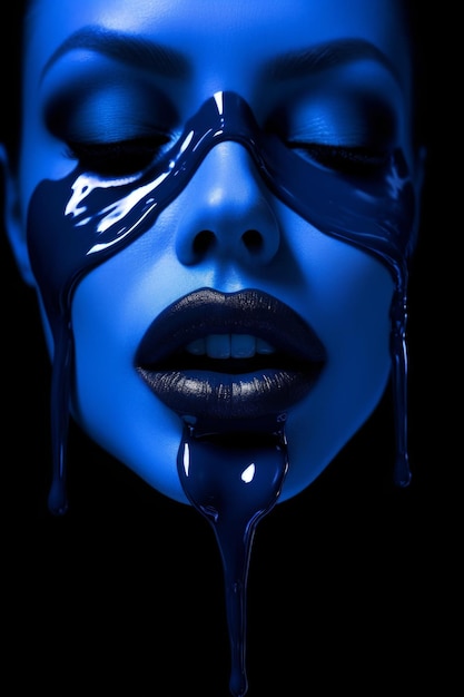 Een blauw gezicht met een druipende blauwe vloeistof die over het gezicht druipt.
