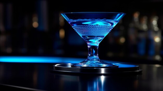 Een blauw glas met het woord martini erop