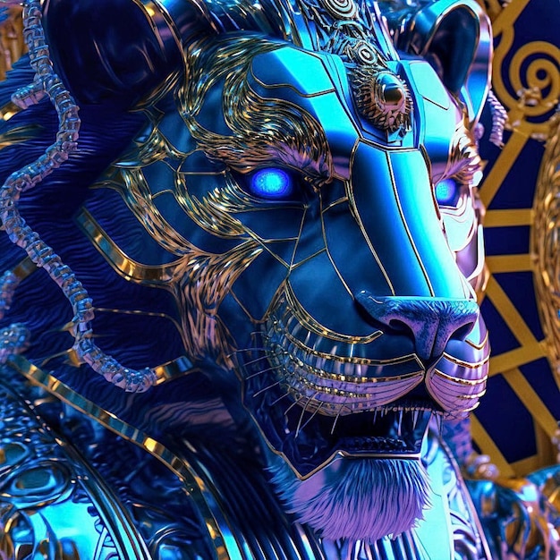 Een blauw-gouden leeuw met blauwe ogen staat voor een goud-blauw ontwerp.
