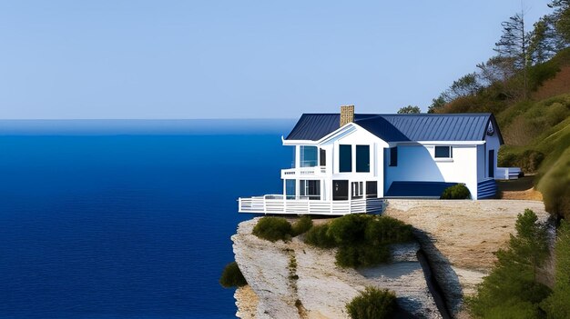 Een blauw huis ligt op een klif met uitzicht op de oceaan.