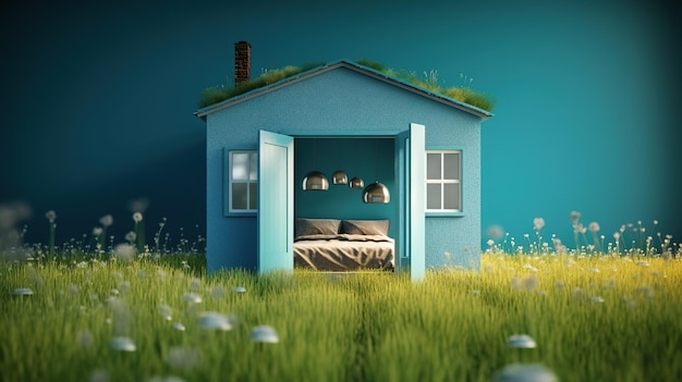 Een blauw huis met een bed midden in een bloemenveld.