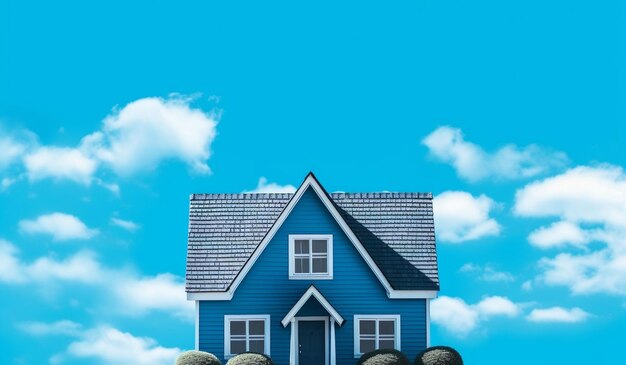 Een blauw huis met een blauw dak en een hemel achtergrond