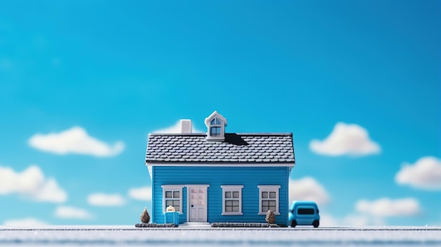 Een blauw huis met een blauw dak en een hemelachtergrond
