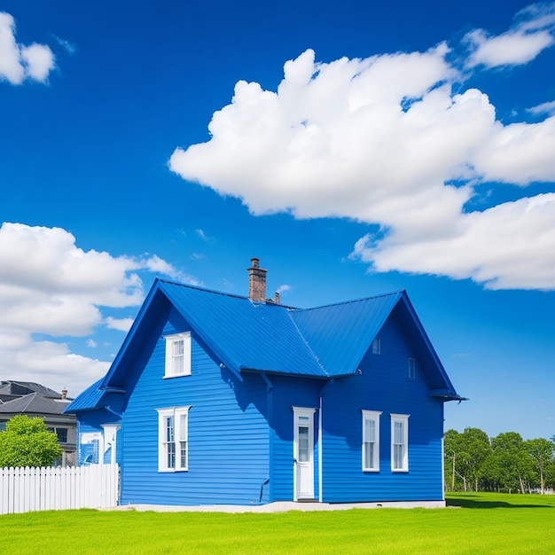 Een blauw huis met een blauw dak en een wit hek ervoor.