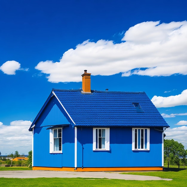 Een blauw huis met een blauw dak en een witte rand