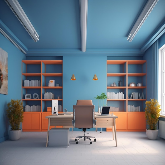 Een blauw kantoor met een bureau en een boekenkast