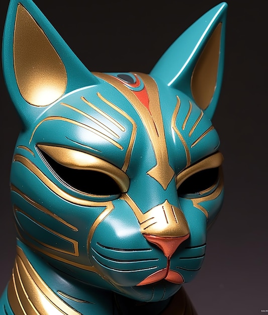 Een blauw kattenmasker met gouden en rode accenten.