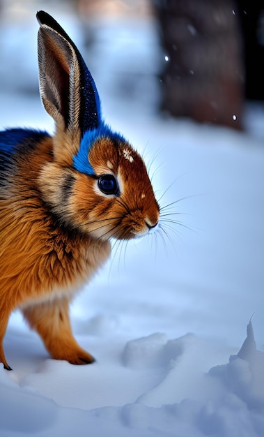 Een blauw konijn met een blauwe kop zit in de sneeuw.