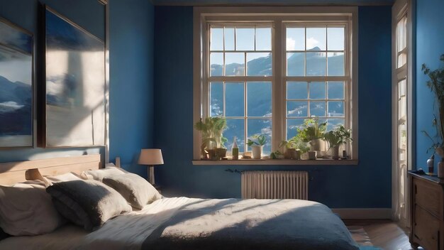 Een blauw licht in een raam met het blauwe licht erachter.