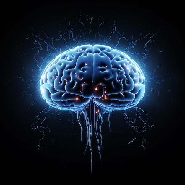 Een blauw menselijk brein is te zien in de stijl van octan renderen zwarte achtergrond
