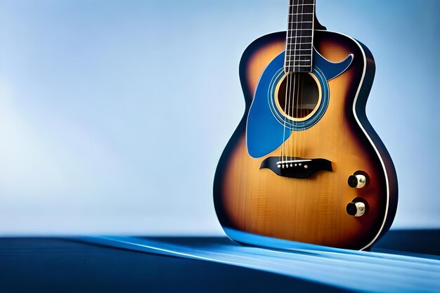 Foto een blauw met bruine gitaar met een blauwe vlek op de voorkant.
