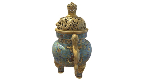 Een blauw met gouden vaas met een deksel waarop 'olifant' staat.