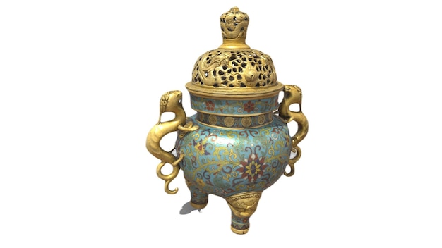 Een blauw met gouden vaas met een handvat en een handvat met een slang erop.