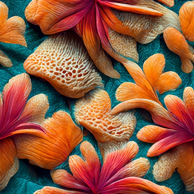 Een blauw met oranje stof met een bloemenpatroon erop.