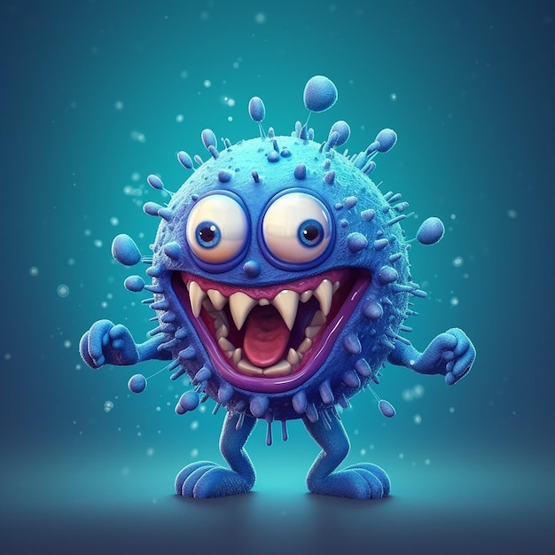 Een blauw monster met een grote glimlach en een grote glimlach op zijn gezicht.