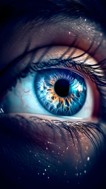 Een blauw oog met een gloeiende blauwe pupil