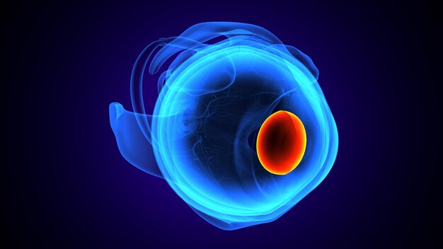 een blauw oog met een rode punt in het midden