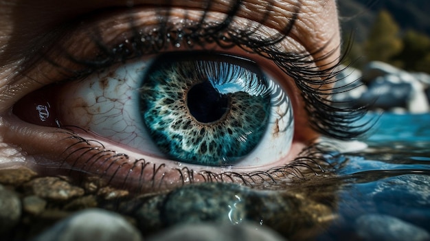 Een blauw oog met een wit oog en zwarte wimpers