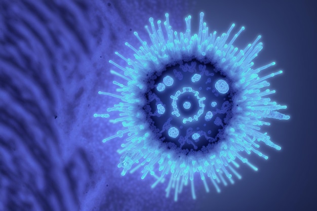 Een blauw-paarse afbeelding van een virus met onderaan de nummers 1 en 2.